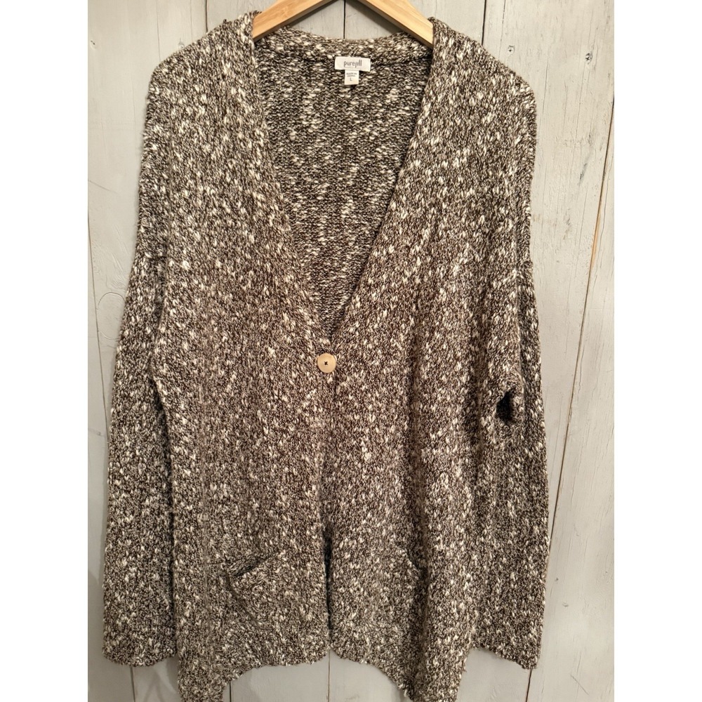 Pure Jill Sweater Lg Taupe Speckled Cotton One Button‎ Longer Comfy Cardigan
